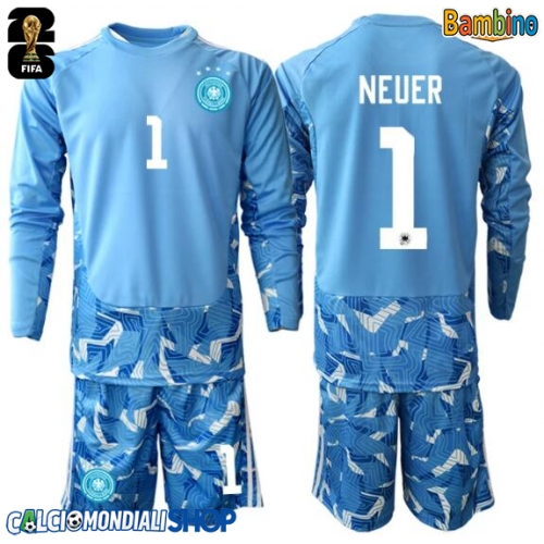 Maglie da calcio Germania Manuel Neuer #1 Portiere Seconda Maglia Bambino Mondiali 2026  Manica Lunga + Pantaloni corti)